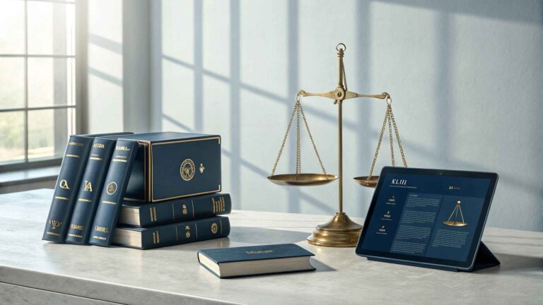 Glossaire du cautionnement présenté sur une tablette avec des livres de droit et une balance de justice.