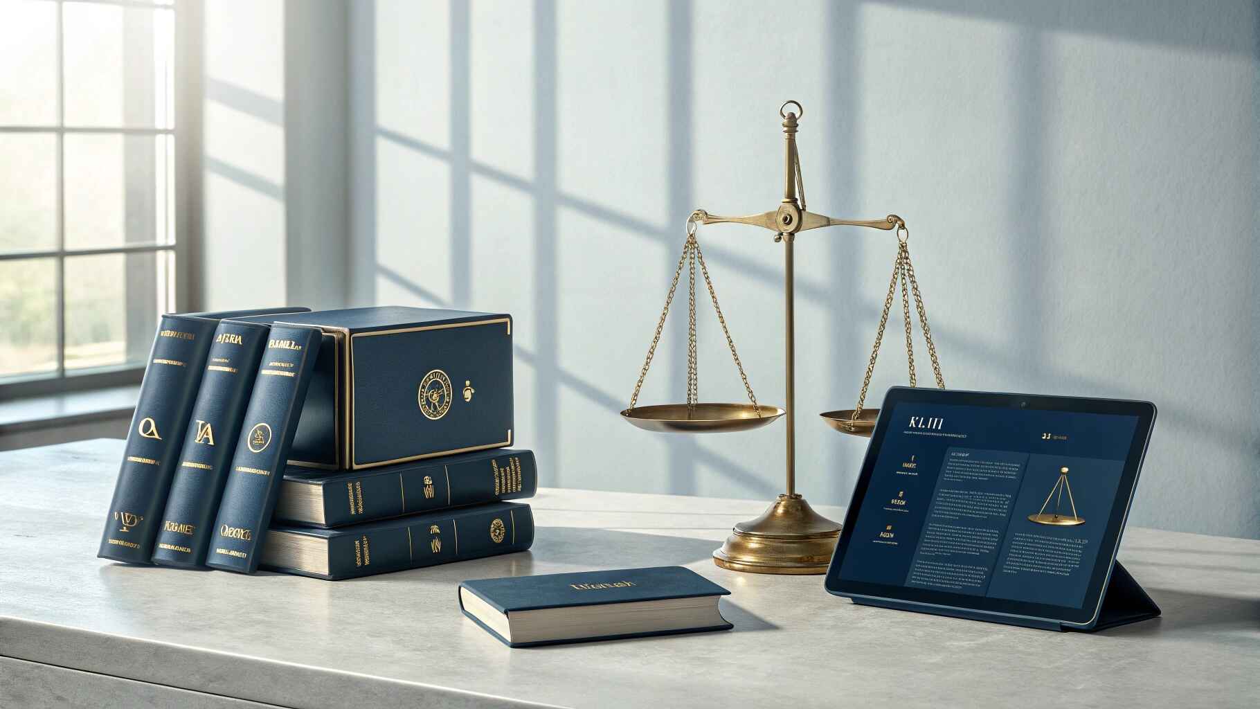 Glossaire du cautionnement présenté sur une tablette avec des livres de droit et une balance de justice.