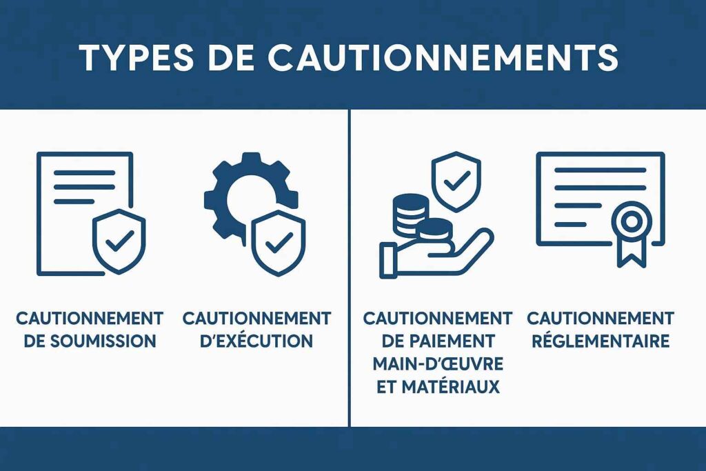 Infographie illustrant les principaux types de cautionnements en assurance.