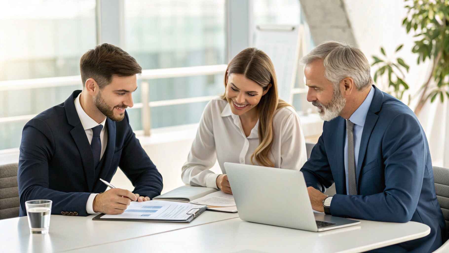 Réunion professionnelle entre la caution, le preneur et le bénéficiaire discutant d’un contrat de cautionnement.